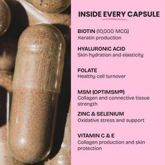 GOBIOTIX Glow ingredient list label showcases essential vitamins supporting skin and nail health.