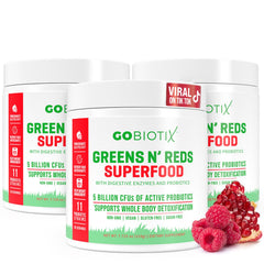 GOBIOTIX Greens Powder bottle close-up highlighting clean label for daily nutrition.