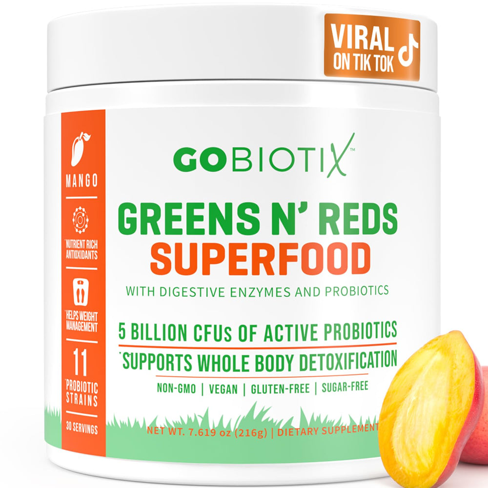 GOBIOTIX Greens Powder bottle with mango flavor for daily nutrition