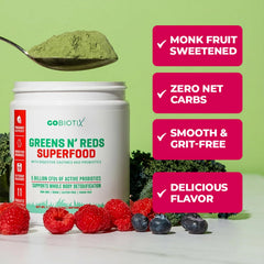 GOBIOTIX Greens Powder label close‑up highlighting organic ingredients