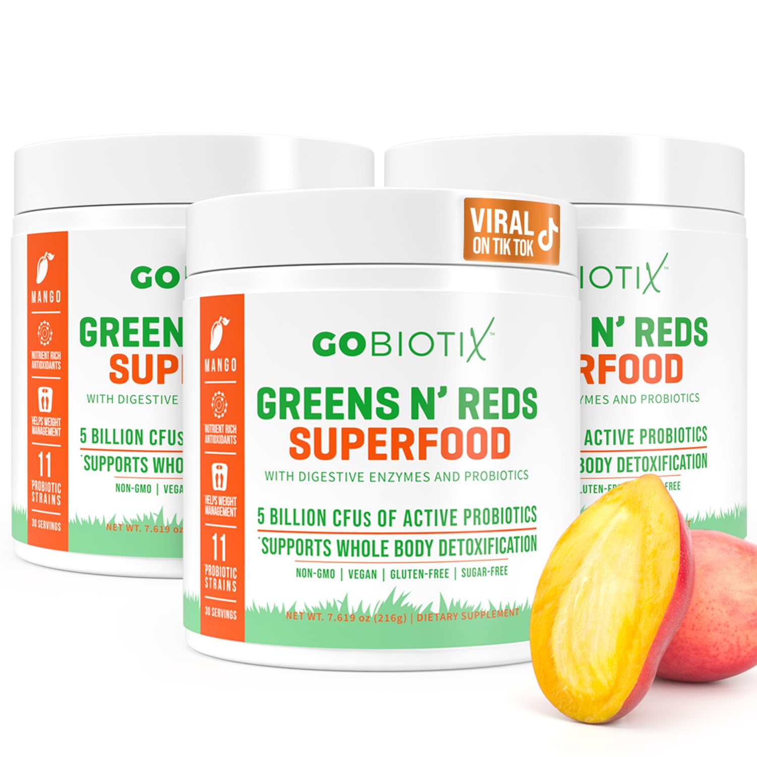GOBIOTIX greens powder mango tub ready for daily nutrition with organic ingredients.