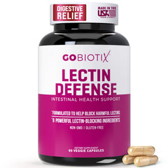GOBIOTIX Lectin Defense bottle with packaging showing digestive support advantages