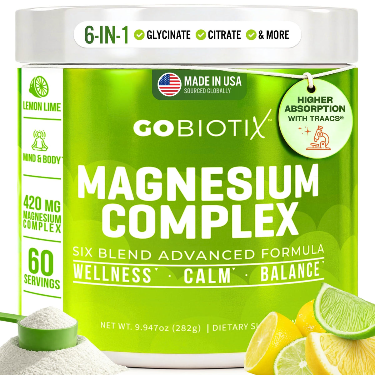 GoBiotix magnesium glycinate powder tub front, a clean sugar-free mineral supplement.