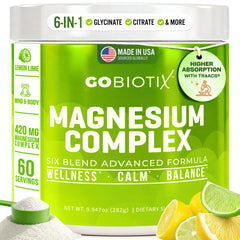 GoBiotix magnesium glycinate powder tub front, a clean sugar-free mineral supplement.