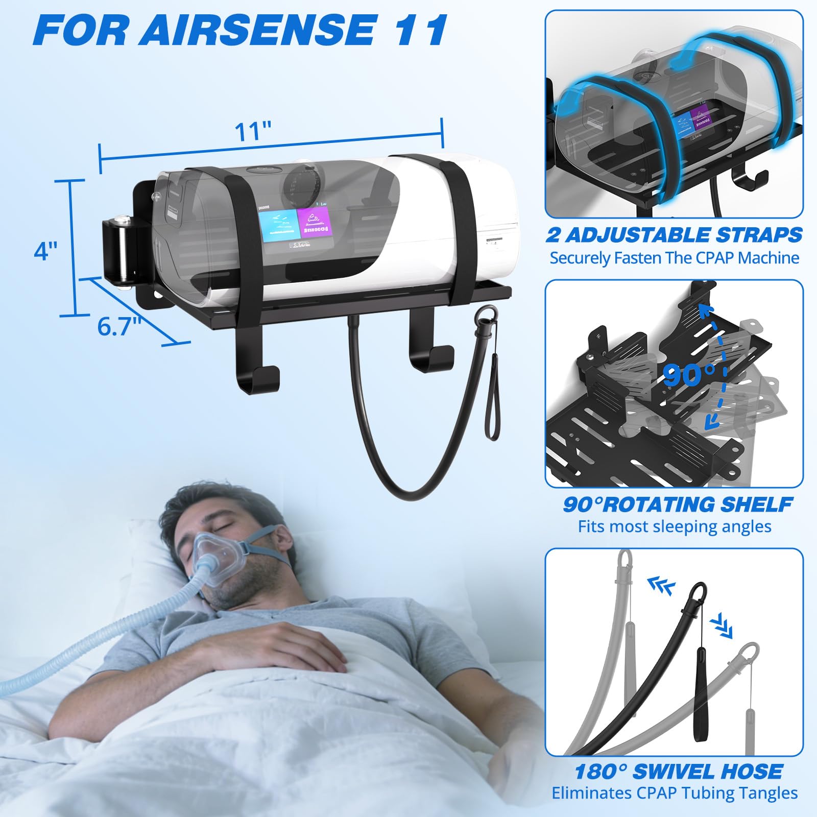 Godboat CPAP hose swivels 180° with 90° shelf for flexible positioning.