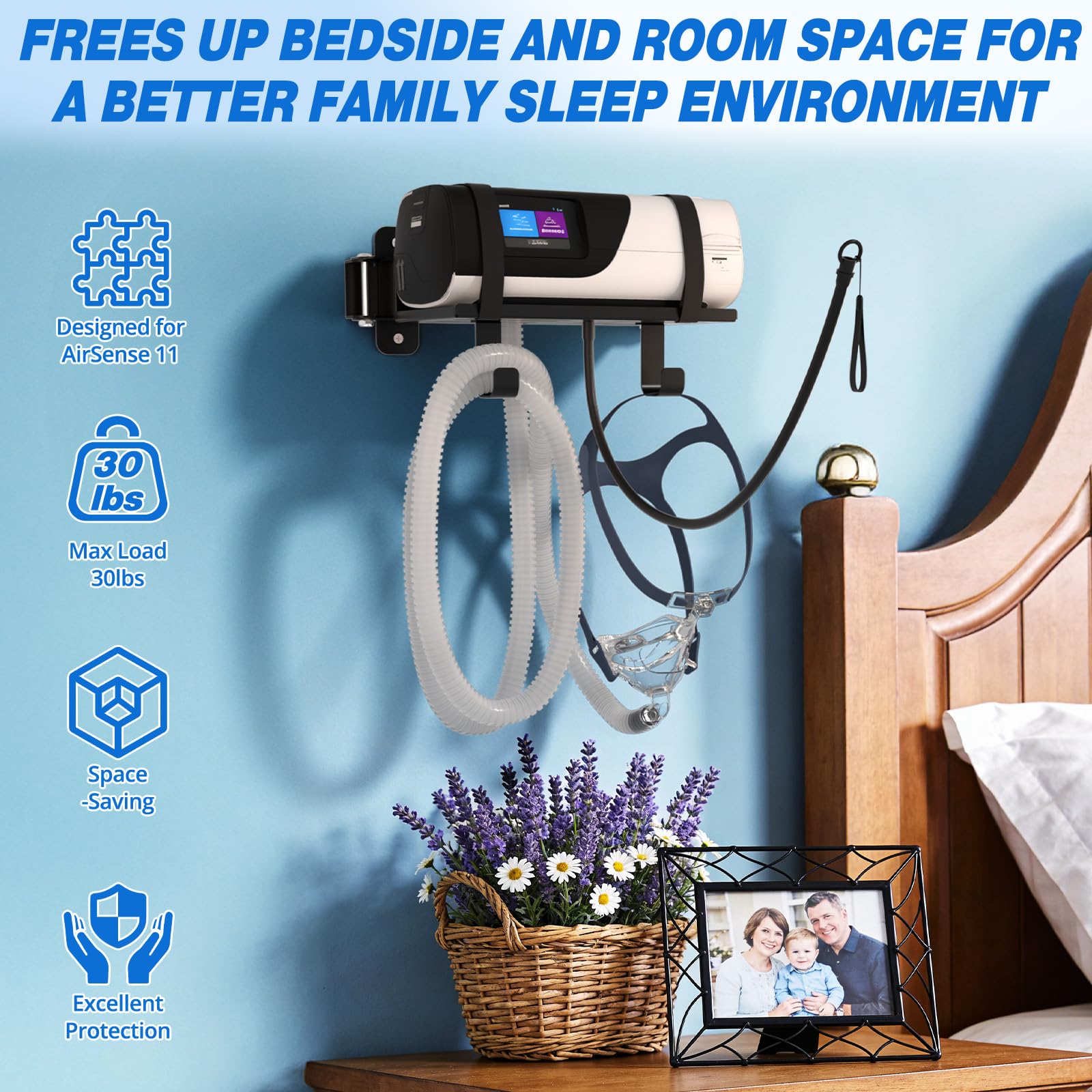 Godboat CPAP wall mount frees floor space with sleek design.