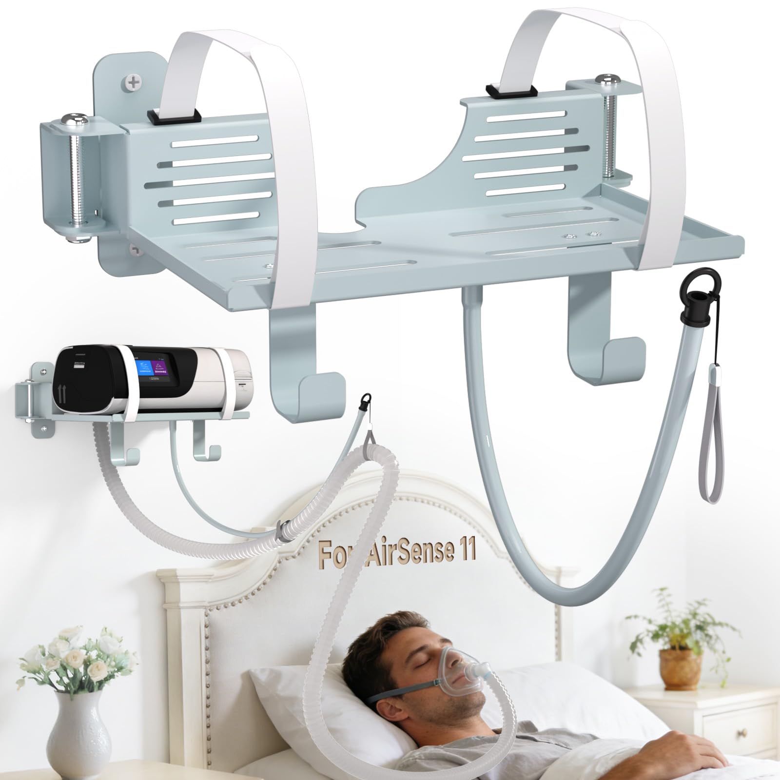Godboat CPAP wall-mount shelf cradle securely holds AirSense 11 for stable operation