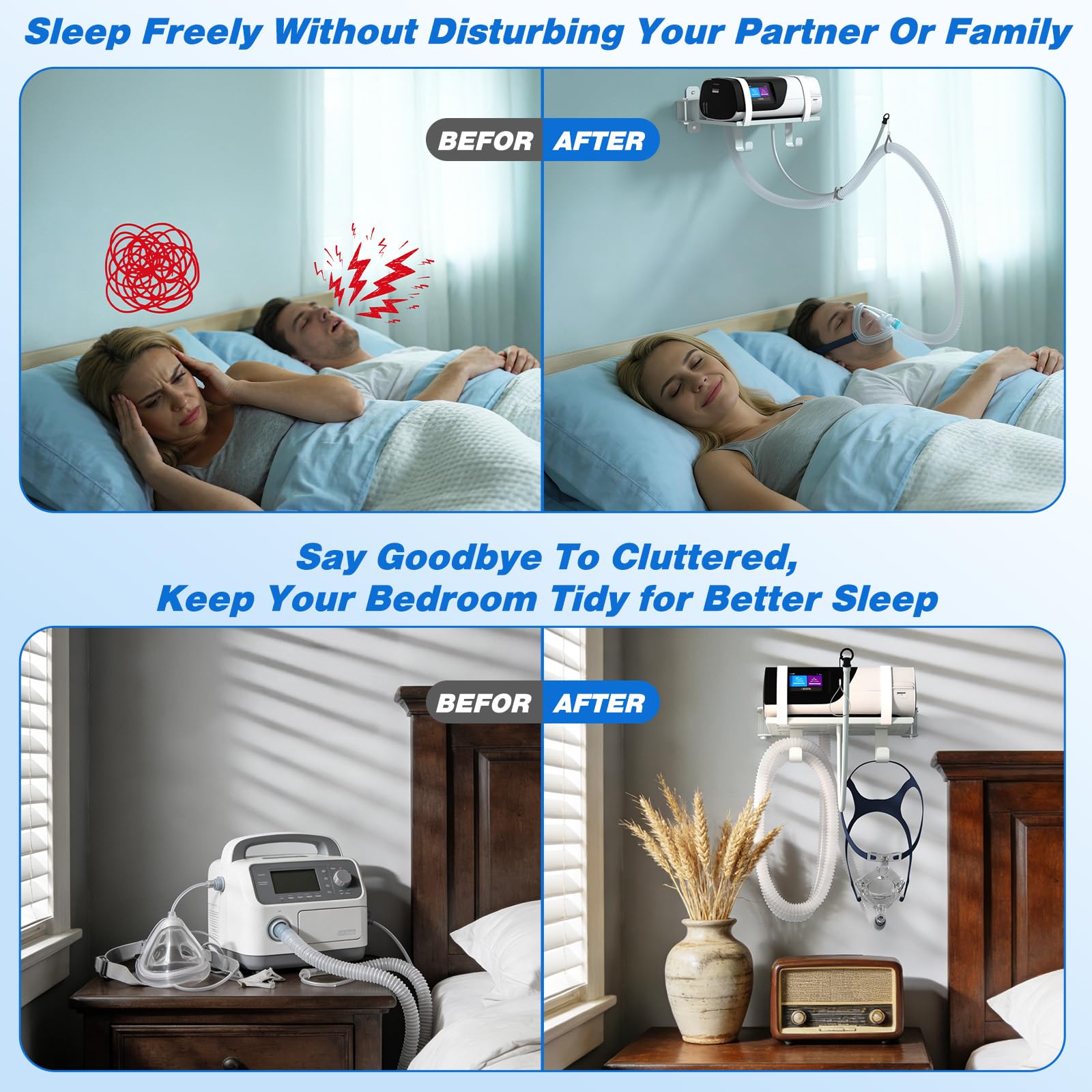 Godboat CPAP wall-mount shelf two-hooks elevates mask and tube for cleanliness