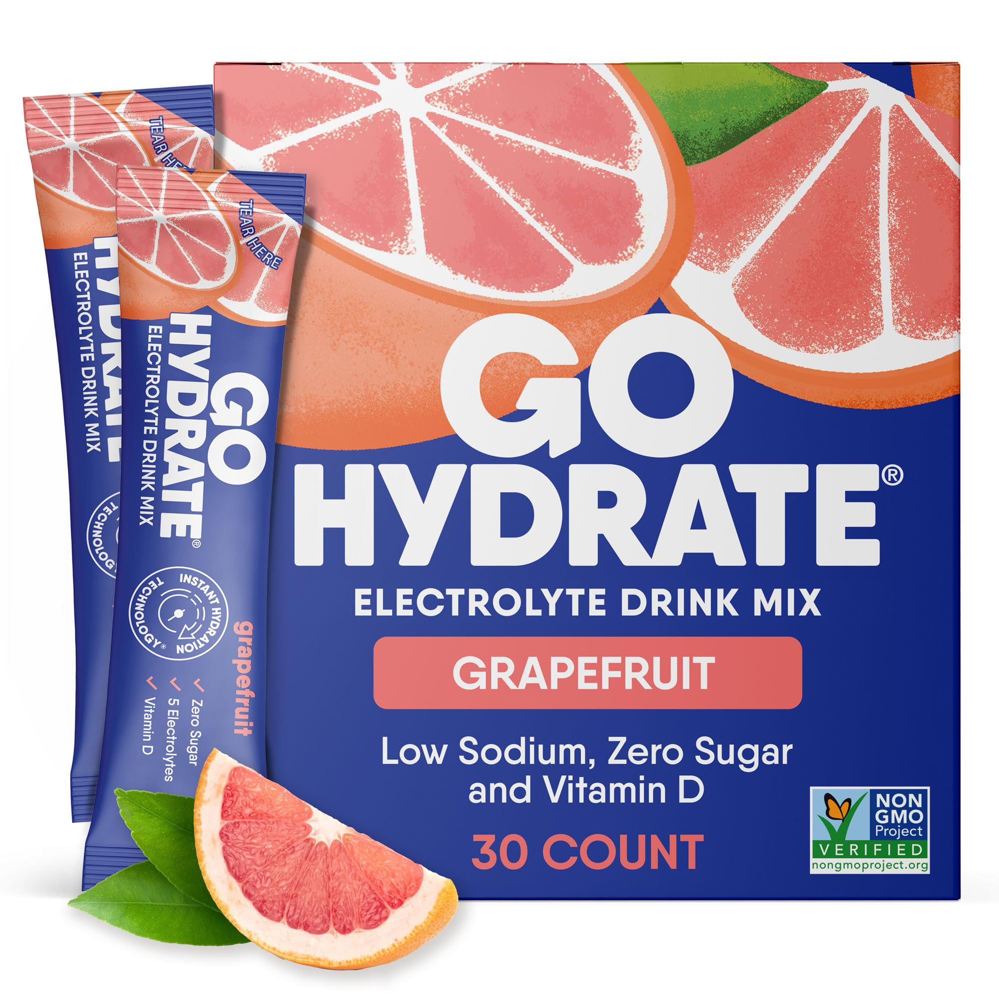 GoHydrate grapefruit electrolyte packet for quick, sugar-free hydration on the go.