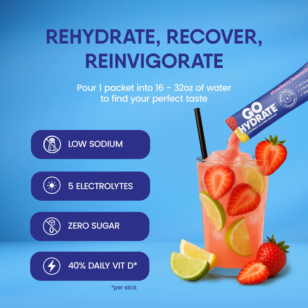 GoHydrate electrolyte powder packets for instant hydration on the go.