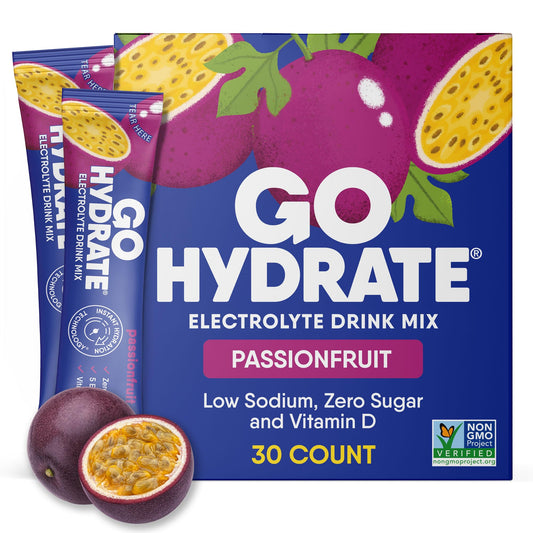 GoHydrate passion fruit box front, ready-to-drink hydration on the go.