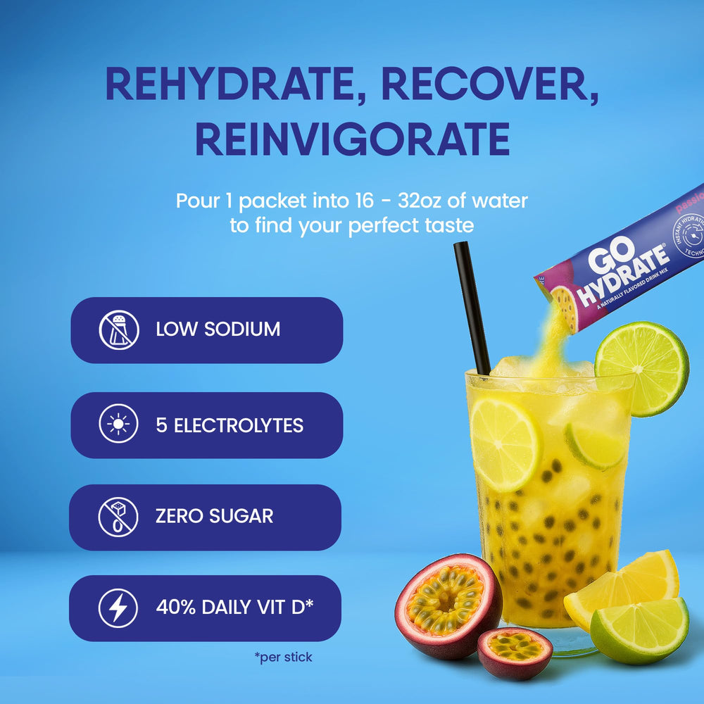 GoHydrate passion fruit single packet, easy daily hydration.