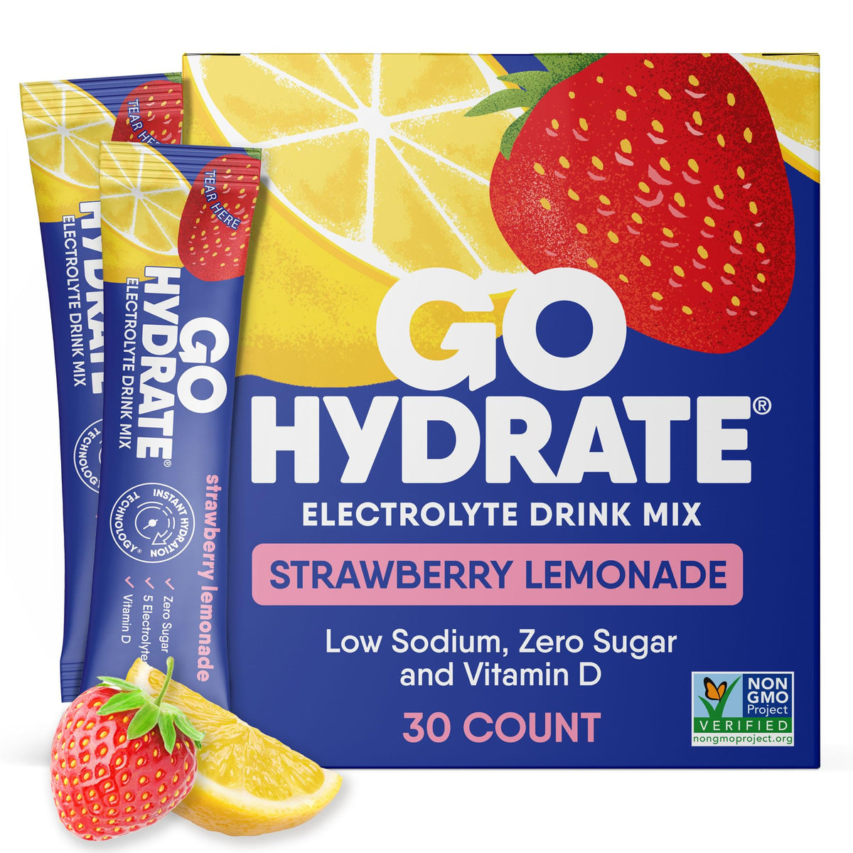 GoHydrate Strawberry Lemonade packets for quick hydration with zero sugar.