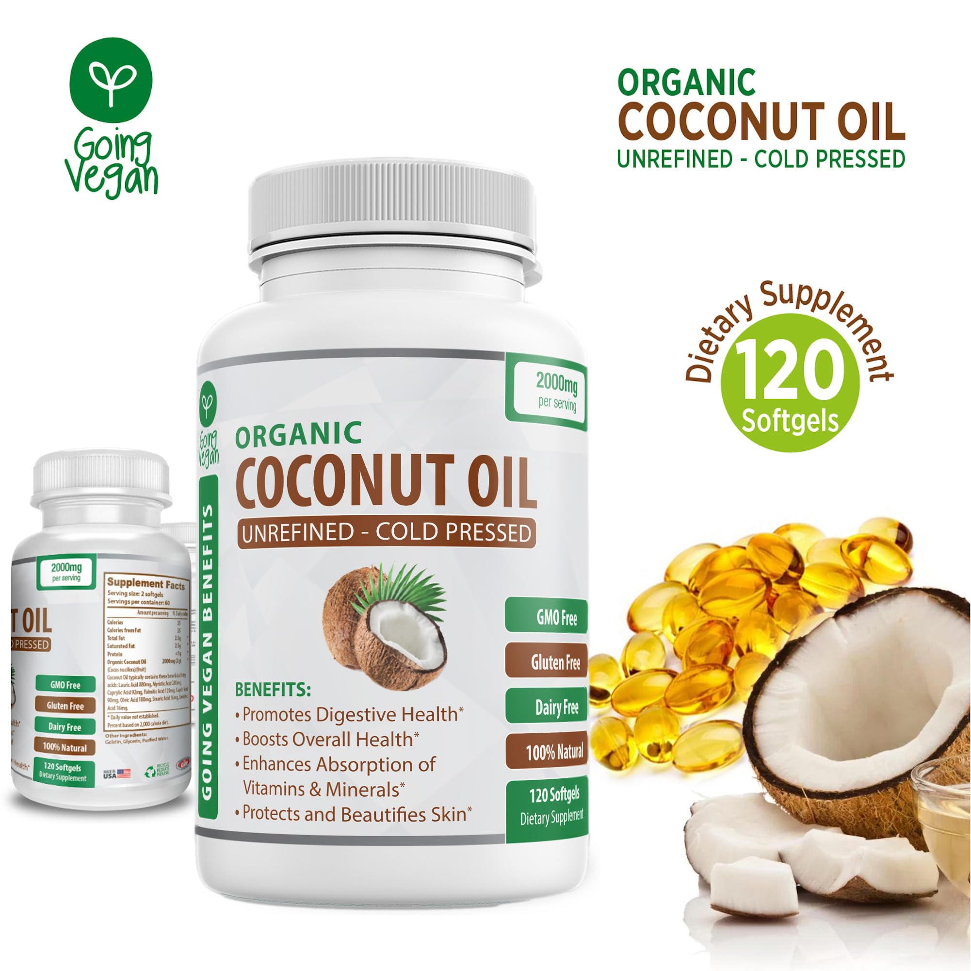 Going Vegan coconut oil capsules 2000mg softgels closeup showing pure cold-pressed extraction