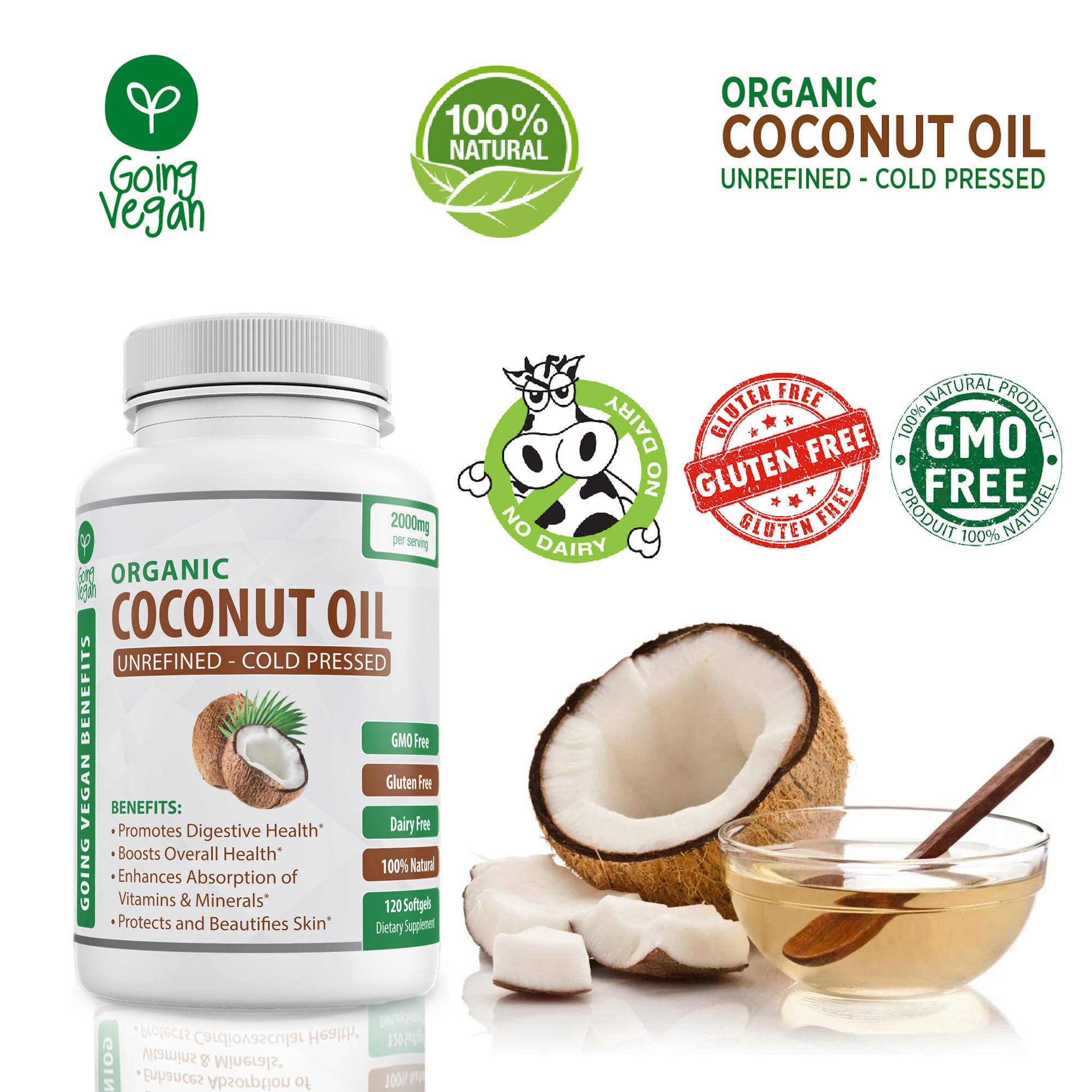 Going Vegan extra virgin coconut oil capsules 2000mg pack emphasizes unrefined, non-GMO quality