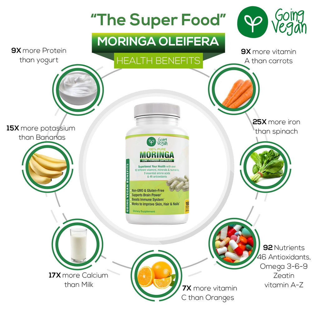 Going Vegan Moringa bottle on table with supplements.