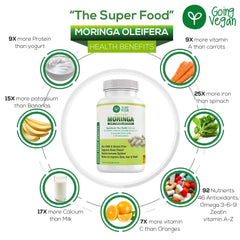 Going Vegan Moringa bottle on table with supplements.