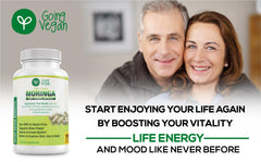 Going Vegan Moringa bottle with clean background and leaves imagery.