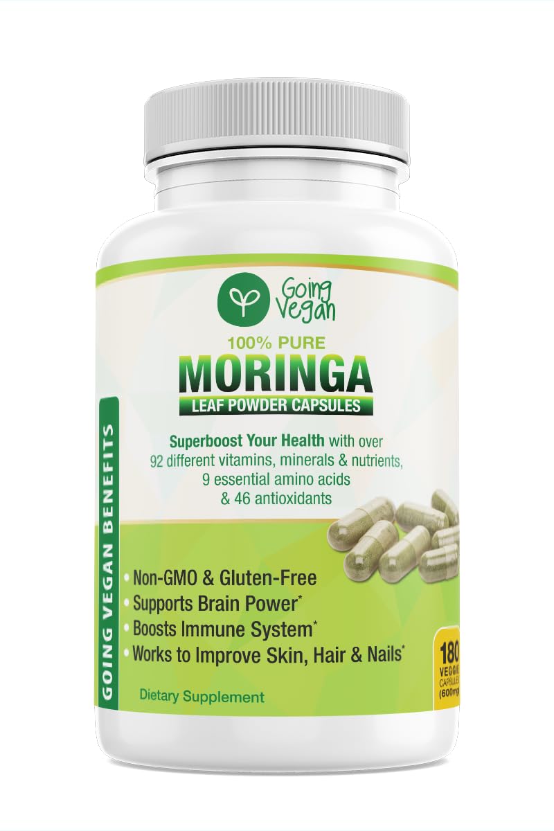 Going Vegan Moringa capsules bottle showing easy daily immune support.