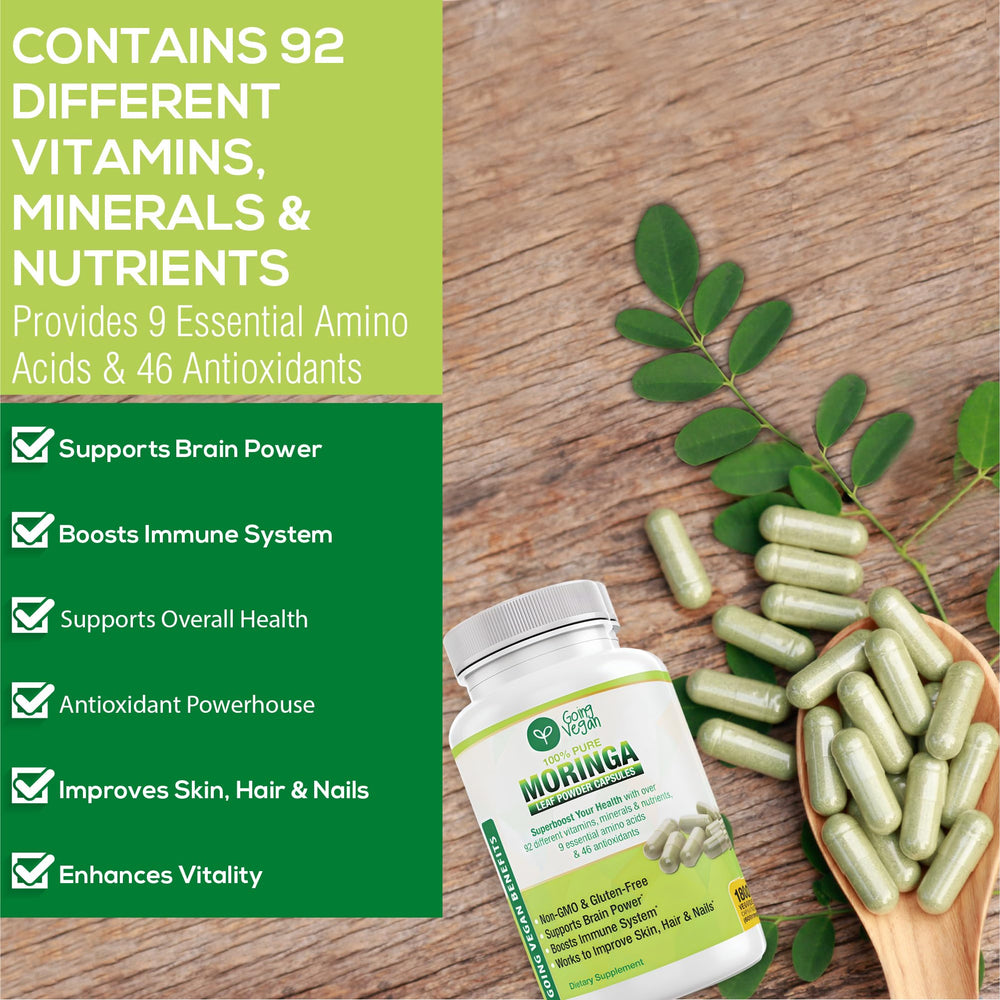 Going Vegan Moringa capsules closeup reveals small, easy-to-swallow pills.
