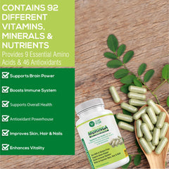 Going Vegan Moringa capsules closeup reveals small, easy-to-swallow pills.