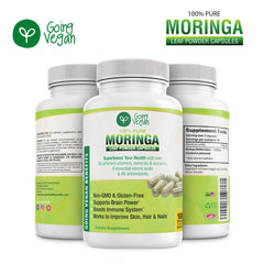Going Vegan Moringa capsule label highlights non-GMO and gluten-free features.