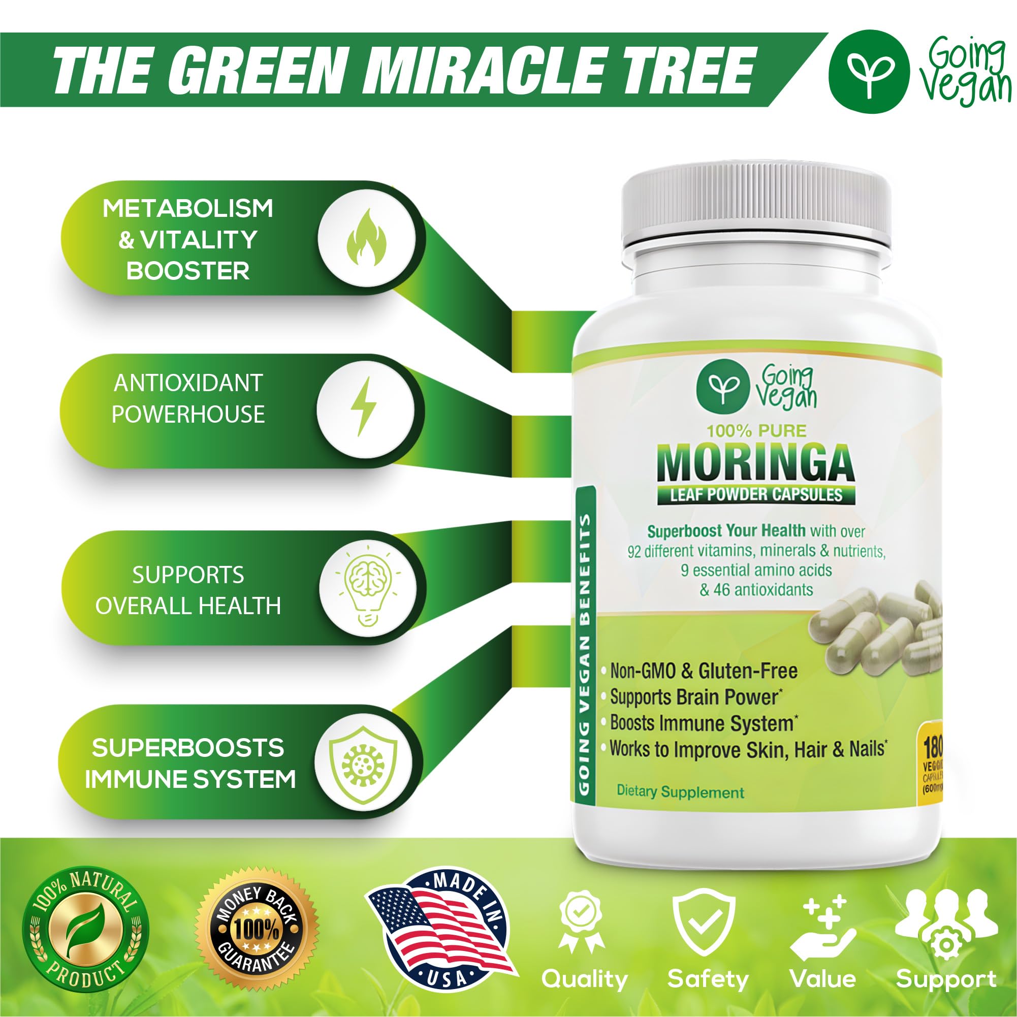 Going Vegan Moringa capsules being poured for convenient dosing.