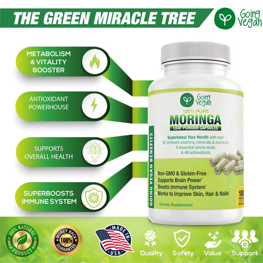 Going Vegan Moringa capsules being poured for convenient dosing.