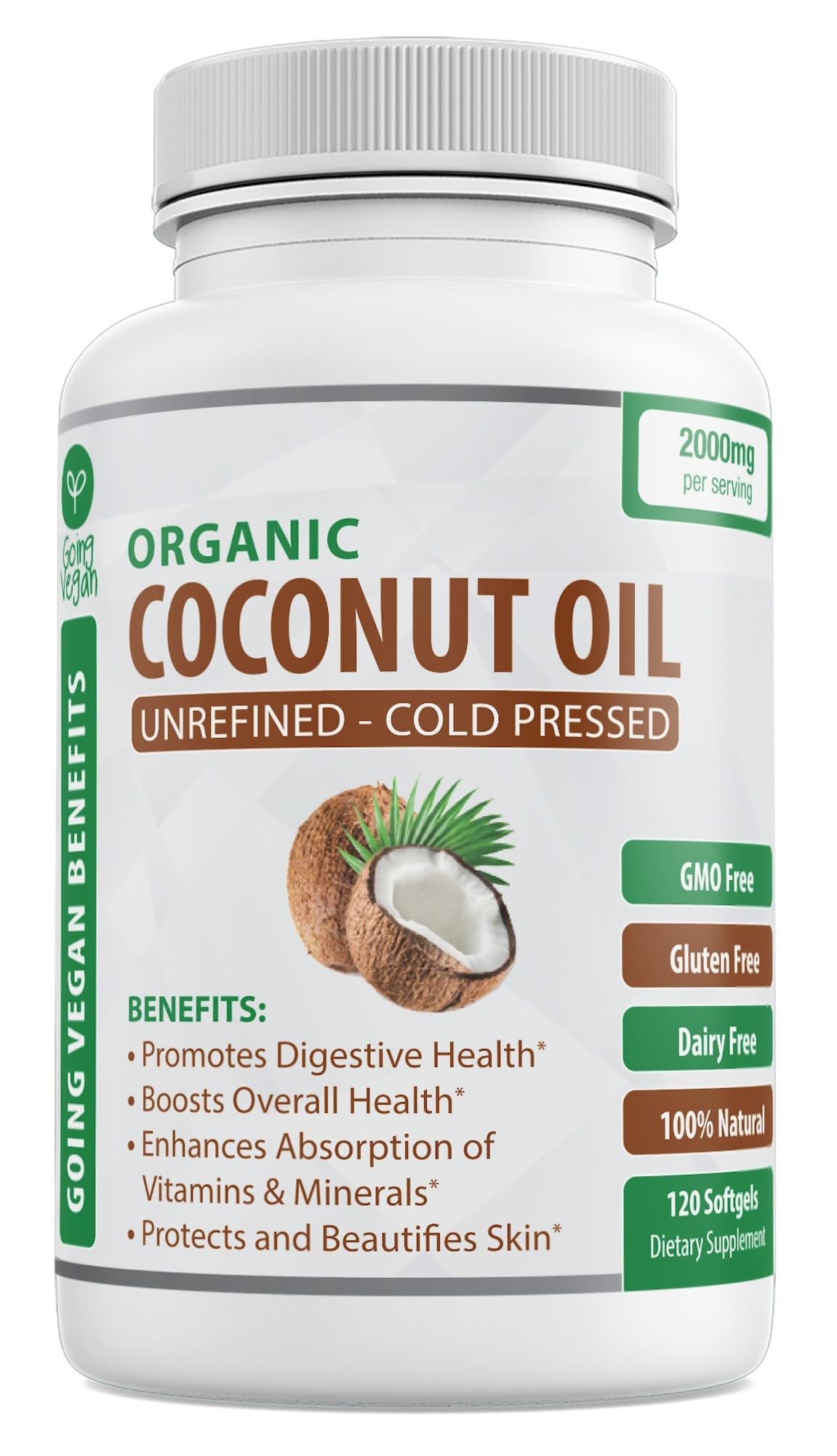 Going Vegan non-GMO coconut oil capsules 2000mg nutrition label highlighting clean ingredients