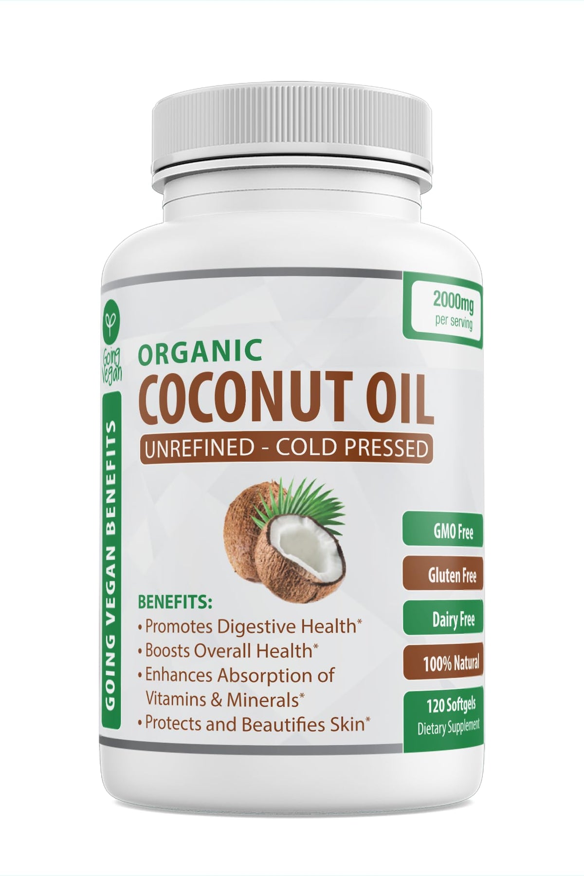 Going Vegan organic coconut oil capsules 2000mg bottle for healthy skin and hair shine