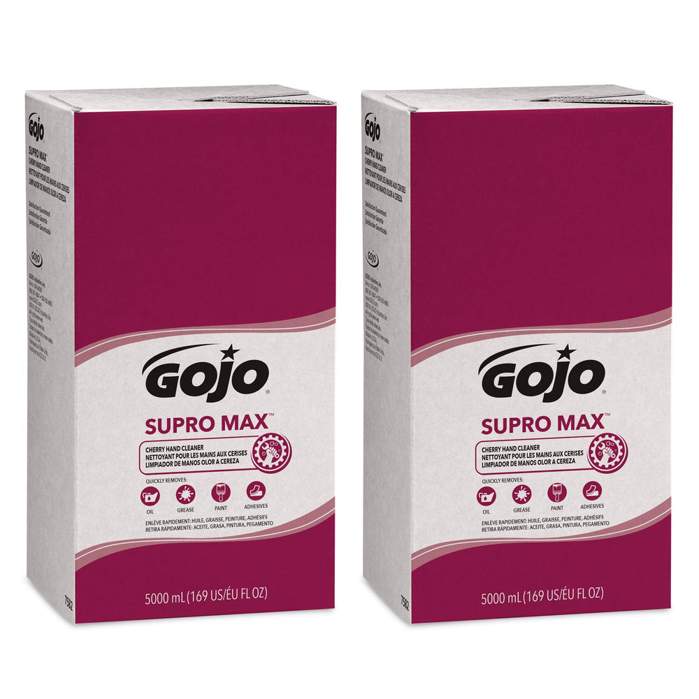 GOJO Supro Max Cherry Hand Cleaner bottle front; 5000 ml refill and pleasant cherry scent.
