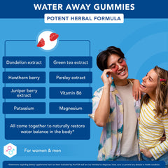 GOJOY Water Away Gummies label highlights natural ingredients like dandelion and cranberry