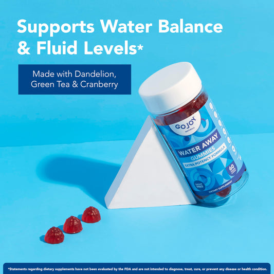GOJOY Water Away Gummies being poured illustrates easy chewable hydration support