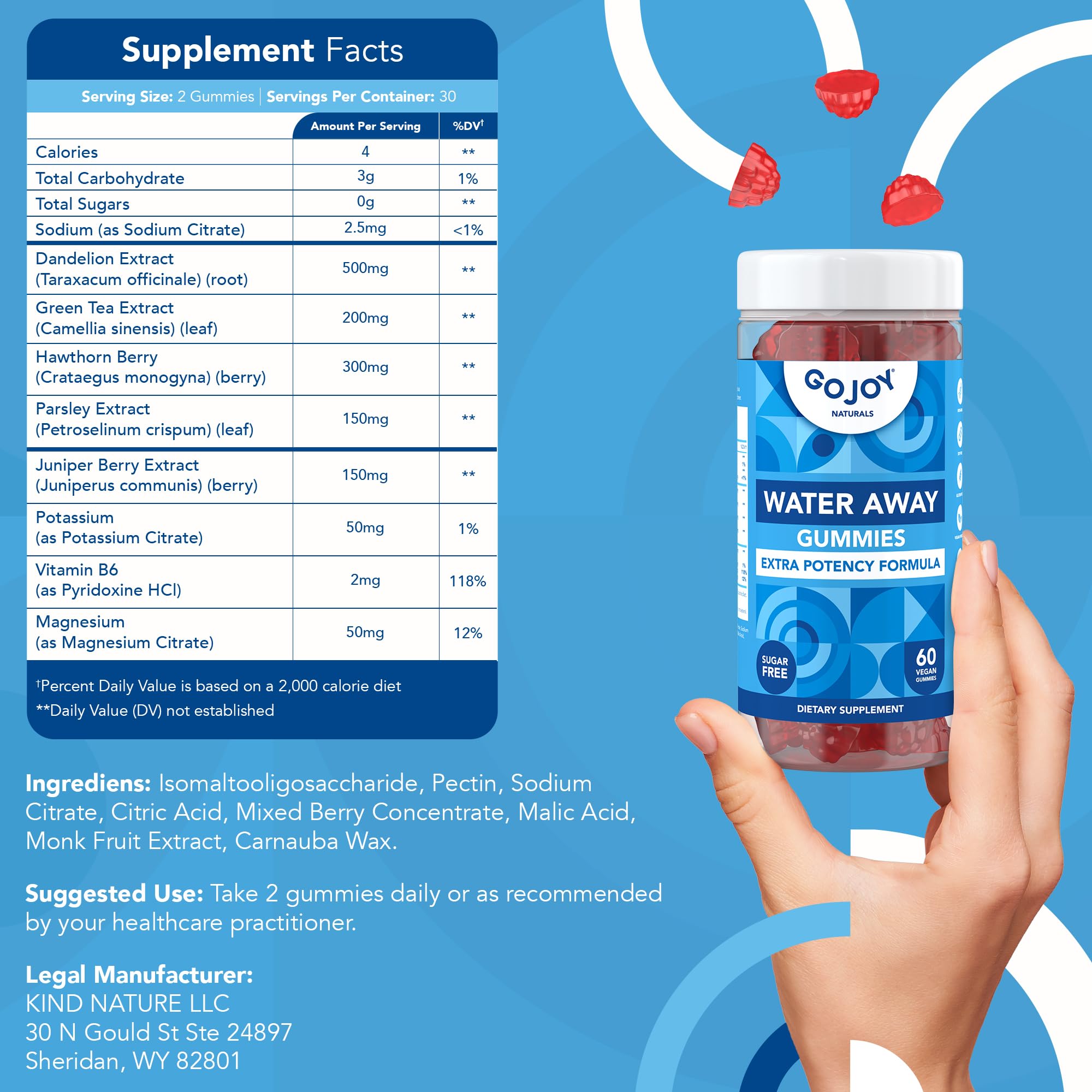GOJOY Water Away Gummies vegan symbol shows a plant-based wellness option