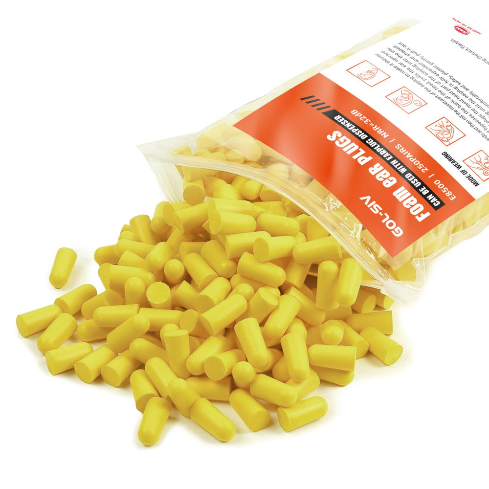 GOL-SIV yellow ear plugs pack shown for bulk orders and everyday use