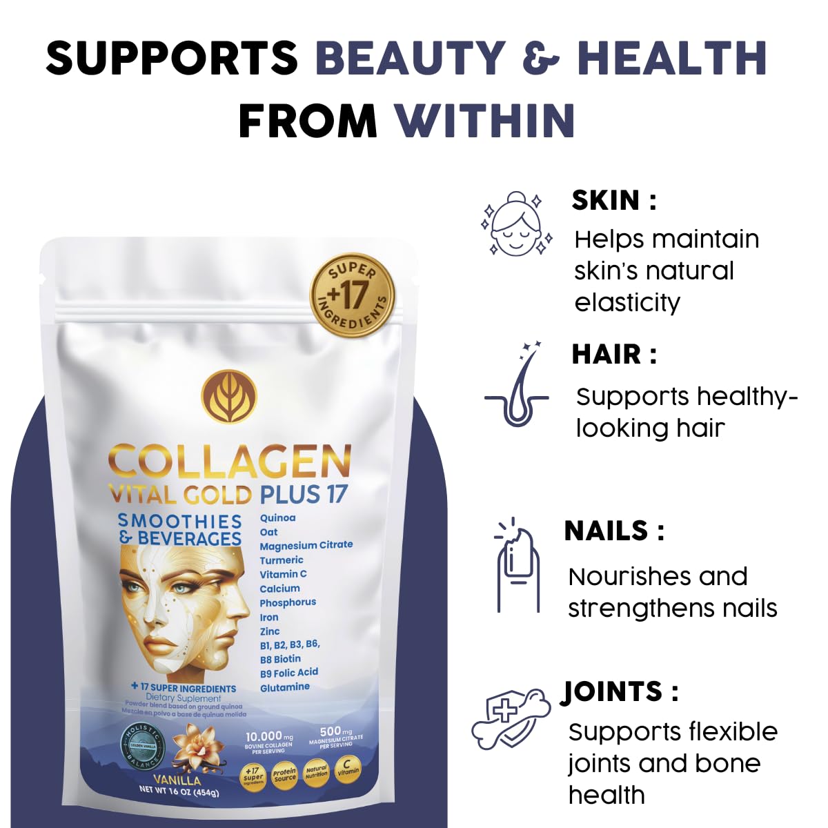 Graphic of +17 superfoods included with collagen peptides
