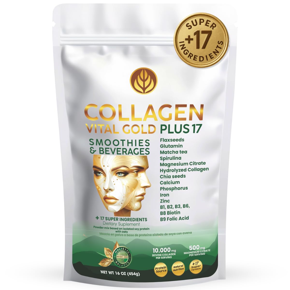 Gold Vital Life collagen powder bottle front showing Type I and III formula for skin and joints