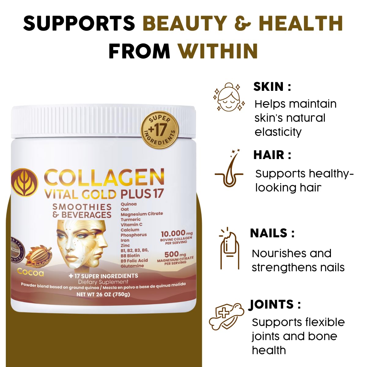 Gold Vital Life collagen powder bottle with spoon ready.