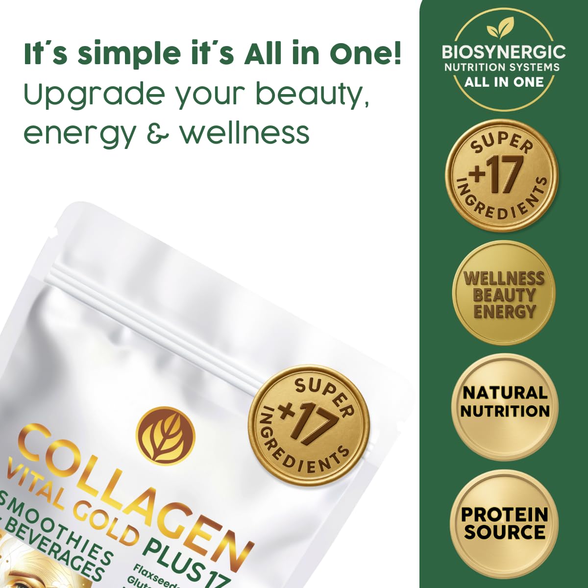 Gold Vital Life collagen powder label close-up emphasizing ingredients and benefits