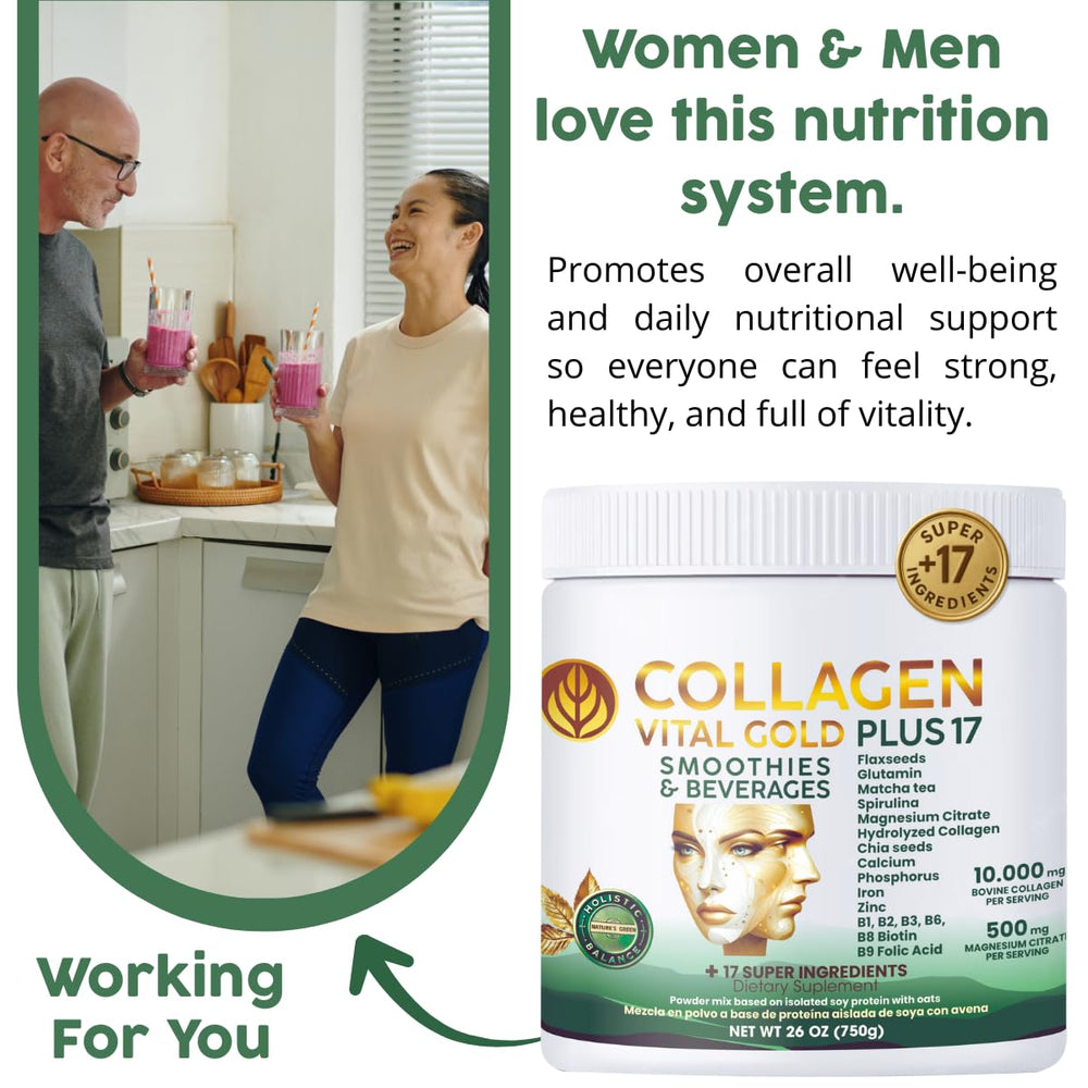 Gold Vital Life collagen powder close-up reveals fine hydrolyzed peptides.