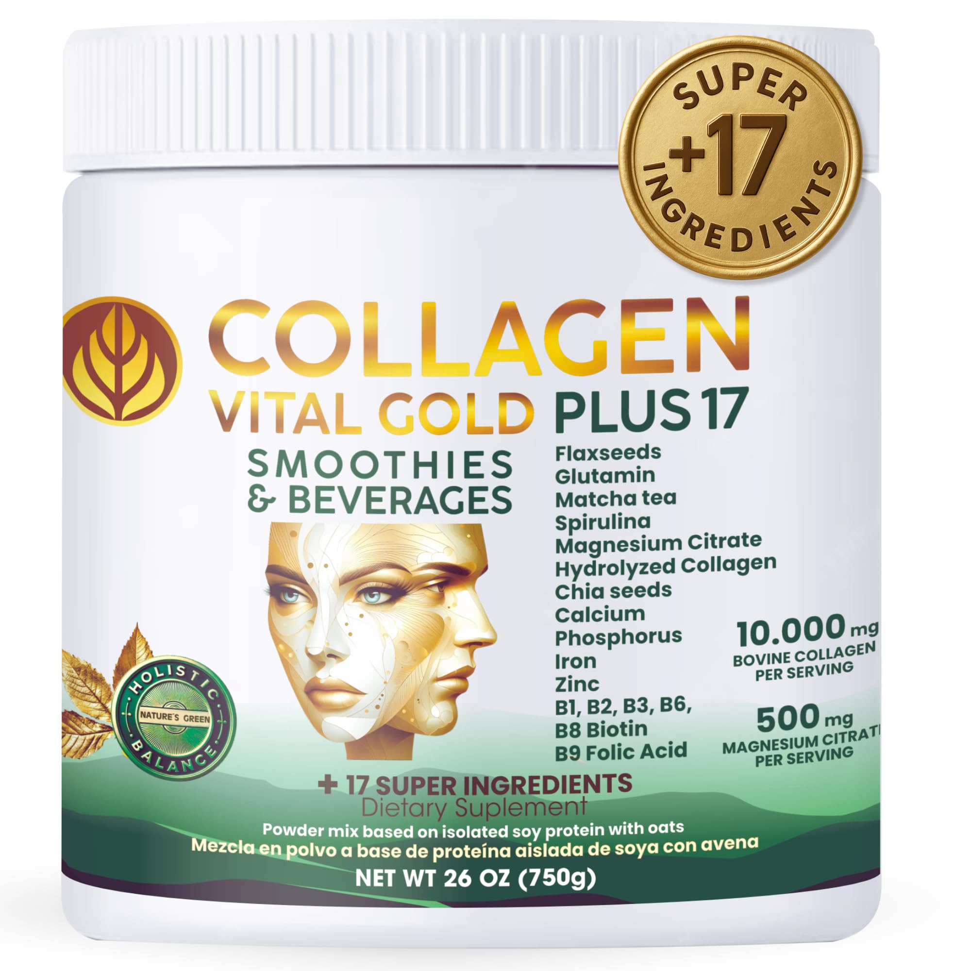 Gold Vital Life collagen powder tub with mint-lemon label for daily beauty routine.