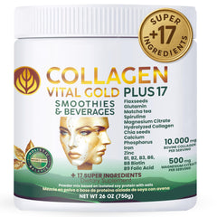 Gold Vital Life collagen powder tub with mint-lemon label for daily beauty routine.