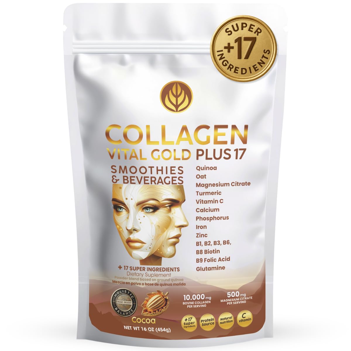 Gold Vital Life collagen powder tub with cocoa flavor for daily beauty support.
