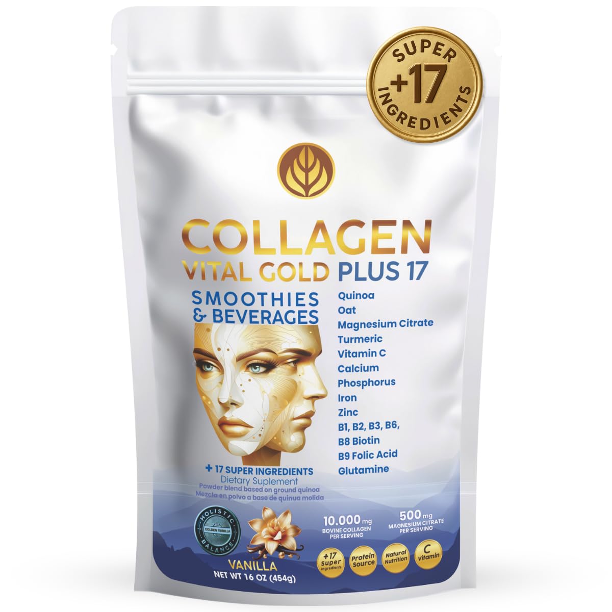 Gold Vital Life collagen vanilla powder in a jar for daily beauty support