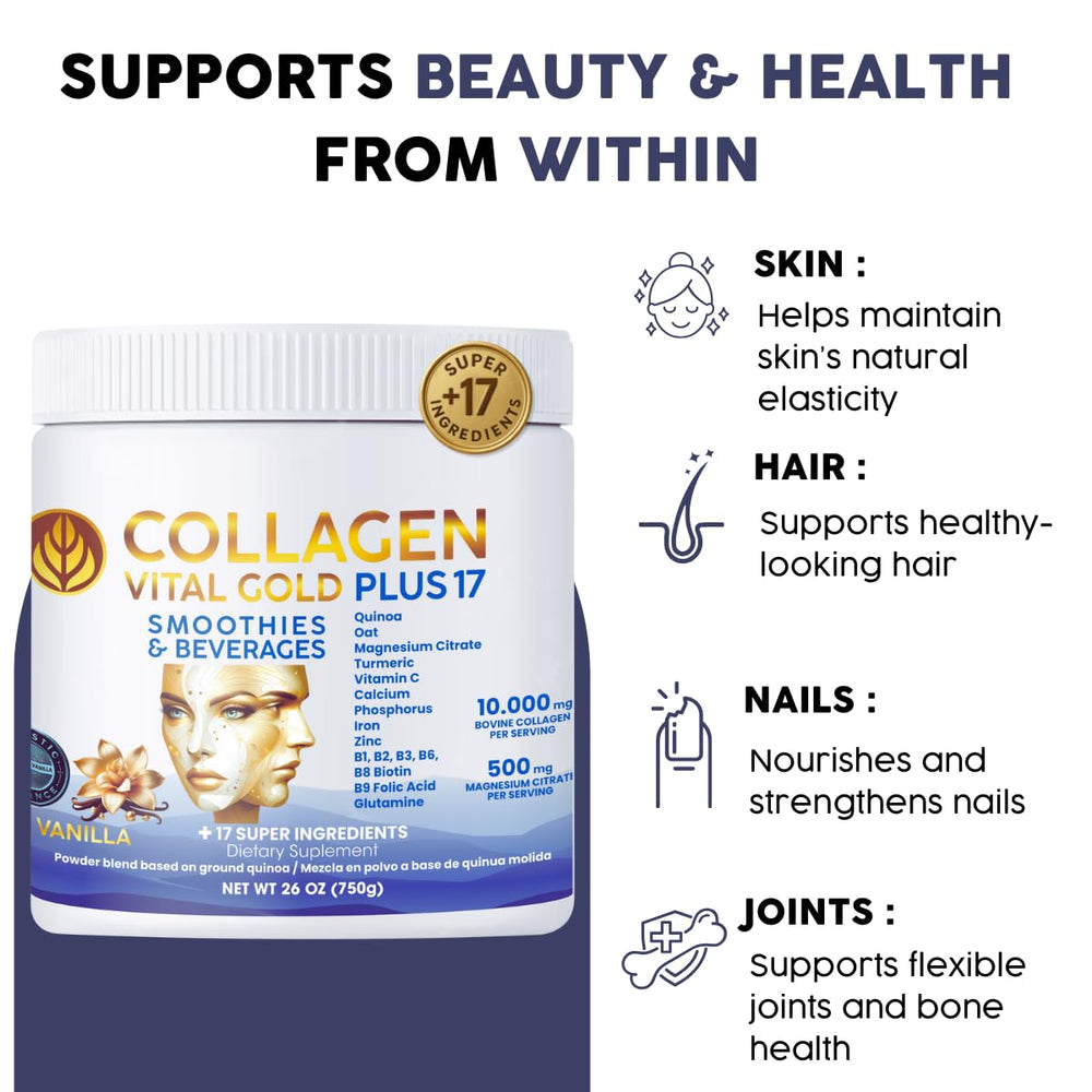 Gold Vital Life 17-ingredient blend jar highlights added nutrients.