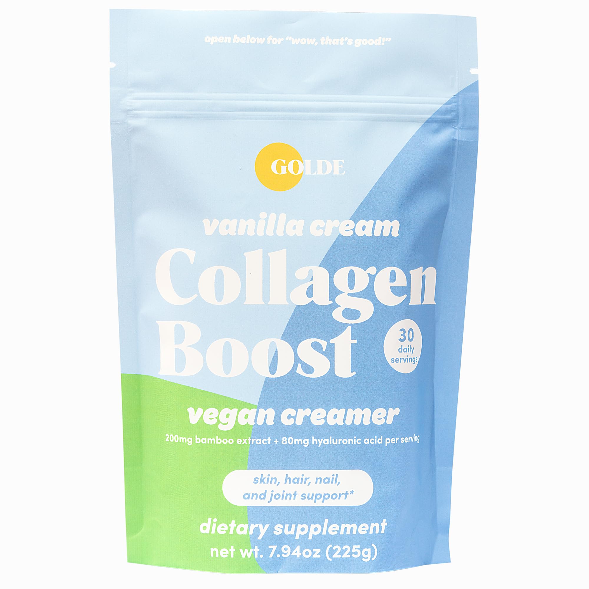 GOLDE Collagen Boost Vegan Creamer bottle in hand for daily coffee.