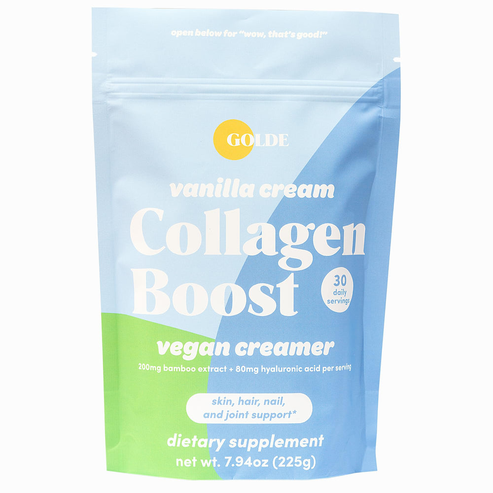 GOLDE Collagen Boost Vegan Creamer bottle in hand for daily coffee.