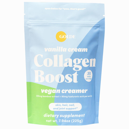 GOLDE Collagen Boost Vegan Creamer bottle in hand for daily coffee.