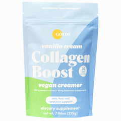 GOLDE Collagen Boost Vegan Creamer bottle in hand for daily coffee.