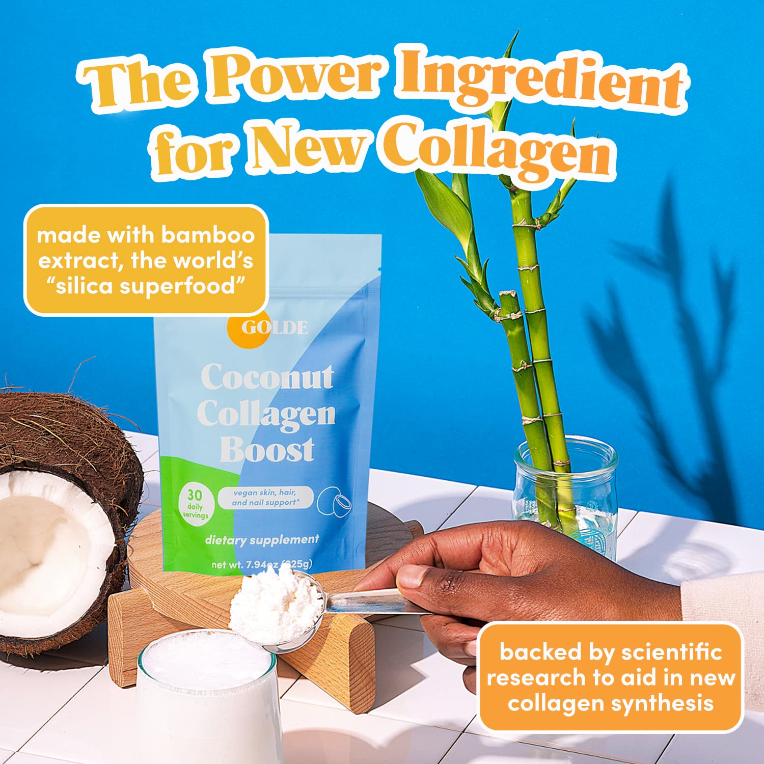 Dissolving GOLDE Collagen Boost powder for coffee richness.